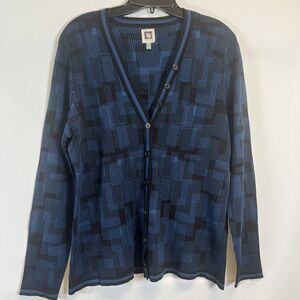 Anne Klein Cardigan Sweater Women’s L Blue Knit Geometric Print Long Sleeve